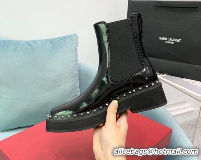 Luxury Valentino Rockstud Patent Calfskin Ankle Boots Black VLTN08283