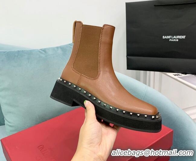 Best Price Valentino Rockstud Calfskin Leather Ankle Boots VLTN08283 Brown