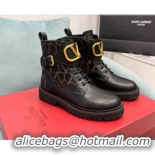 Pretty Style Valentino VLogo Signature Combat Ankle Boots in Calfskin and Toile Iconographe Fabric VLTN08284 Black/Beige