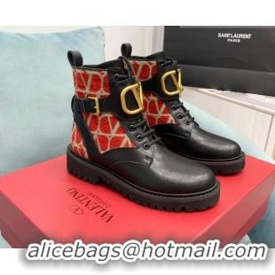 Low Cost Valentino VLogo Signature Combat Ankle Boots in Calfskin and Toile Iconographe Fabric VLTN08284 Black/Red