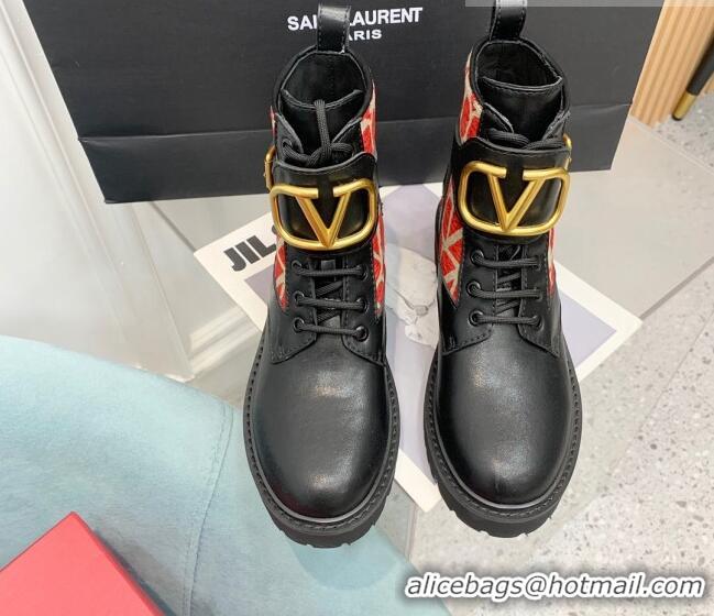 Low Cost Valentino VLogo Signature Combat Ankle Boots in Calfskin and Toile Iconographe Fabric VLTN08284 Black/Red