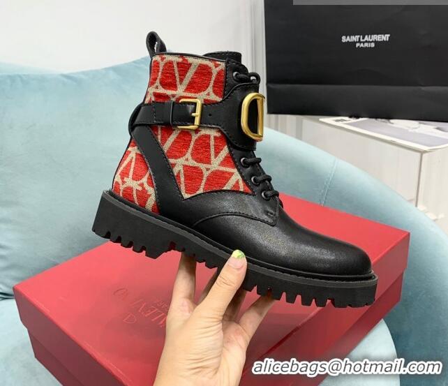 Low Cost Valentino VLogo Signature Combat Ankle Boots in Calfskin and Toile Iconographe Fabric VLTN08284 Black/Red