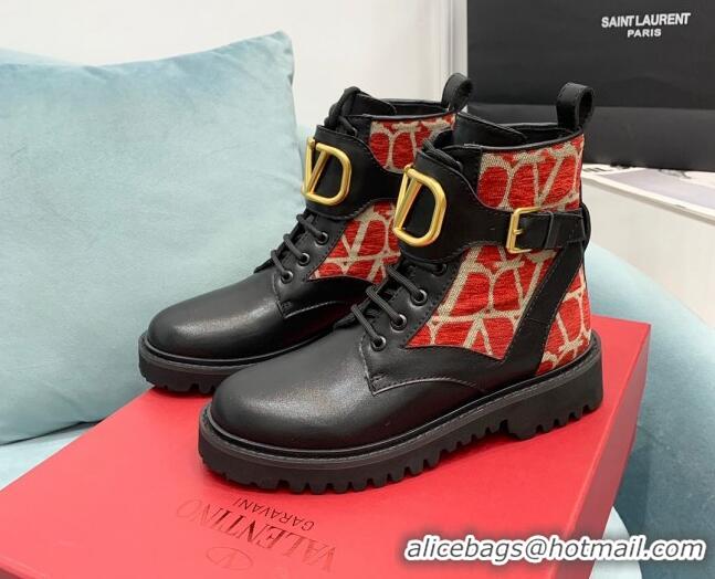 Low Cost Valentino VLogo Signature Combat Ankle Boots in Calfskin and Toile Iconographe Fabric VLTN08284 Black/Red