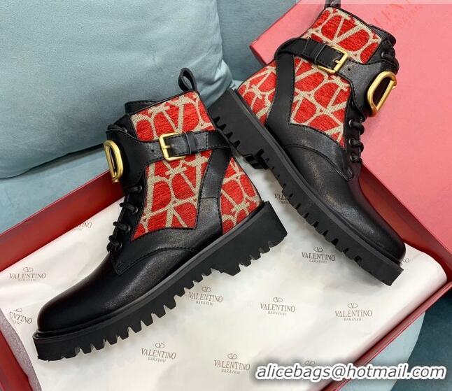 Low Cost Valentino VLogo Signature Combat Ankle Boots in Calfskin and Toile Iconographe Fabric VLTN08284 Black/Red