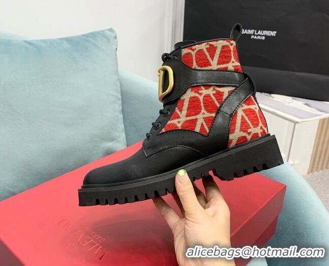 Low Cost Valentino VLogo Signature Combat Ankle Boots in Calfskin and Toile Iconographe Fabric VLTN08284 Black/Red