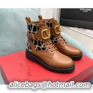 Unique Style Valentino VLogo Signature Combat Ankle Boots in Calfskin and Toile Iconographe Fabric Brown VLTN08285