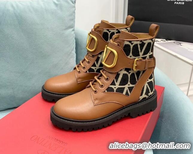 Unique Style Valentino VLogo Signature Combat Ankle Boots in Calfskin and Toile Iconographe Fabric Brown VLTN08285