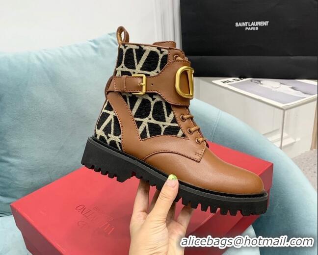 Unique Style Valentino VLogo Signature Combat Ankle Boots in Calfskin and Toile Iconographe Fabric Brown VLTN08285