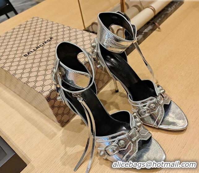 Good Looking Balenciaga Cagole High Heel Sandals 10.5cm in Crinkle Shiny Leather Silver 524002