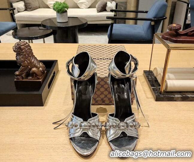 Good Looking Balenciaga Cagole High Heel Sandals 10.5cm in Crinkle Shiny Leather Silver 524002