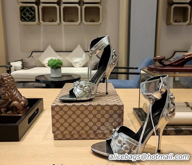 Good Looking Balenciaga Cagole High Heel Sandals 10.5cm in Crinkle Shiny Leather Silver 524002