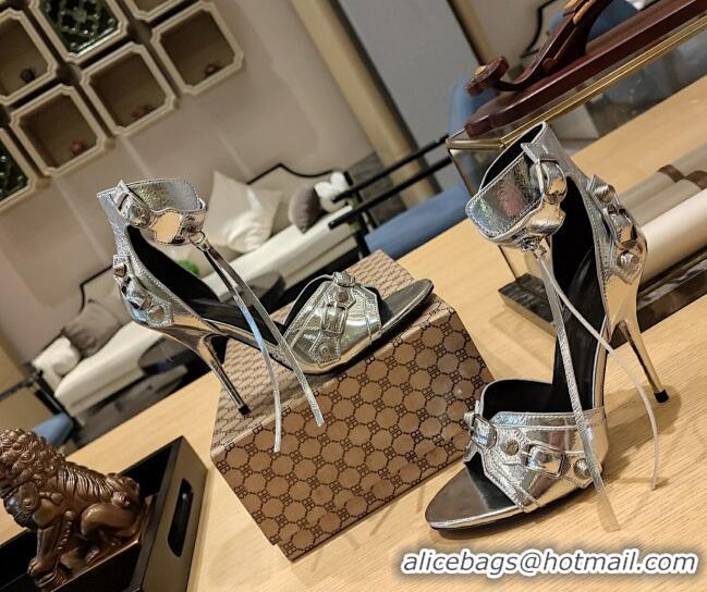 Good Looking Balenciaga Cagole High Heel Sandals 10.5cm in Crinkle Shiny Leather Silver 524002