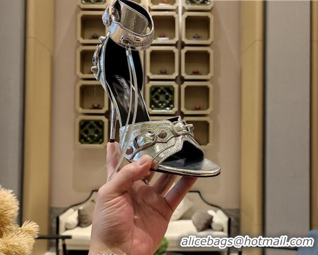 Good Looking Balenciaga Cagole High Heel Sandals 10.5cm in Crinkle Shiny Leather Silver 524002