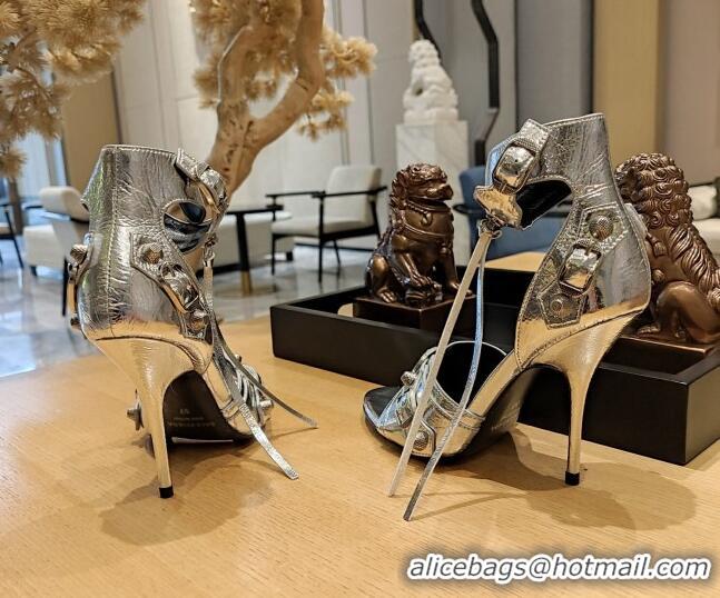 Good Looking Balenciaga Cagole High Heel Sandals 10.5cm in Crinkle Shiny Leather Silver 524002