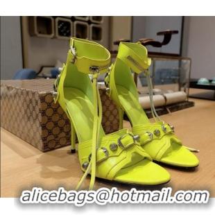 Pretty Style Balenciaga Cagole High Heel Sandals 10.5cm in Crinkle Shiny Leather Neon Green 524003