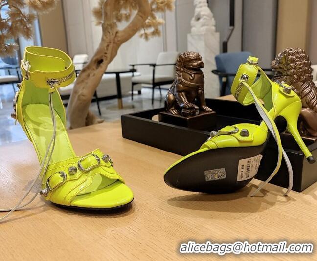 Pretty Style Balenciaga Cagole High Heel Sandals 10.5cm in Crinkle Shiny Leather Neon Green 524003