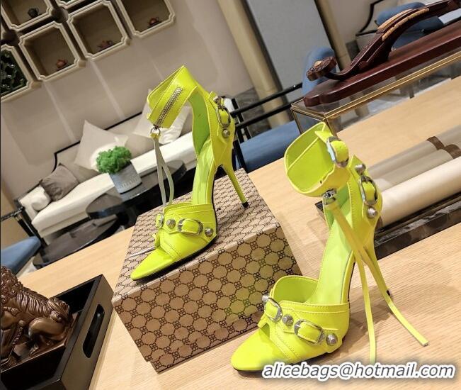 Pretty Style Balenciaga Cagole High Heel Sandals 10.5cm in Crinkle Shiny Leather Neon Green 524003