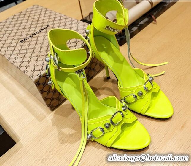 Pretty Style Balenciaga Cagole High Heel Sandals 10.5cm in Crinkle Shiny Leather Neon Green 524003