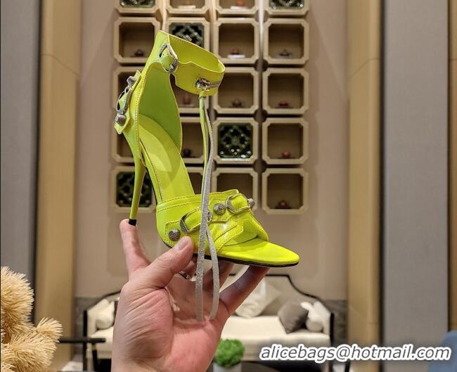 Pretty Style Balenciaga Cagole High Heel Sandals 10.5cm in Crinkle Shiny Leather Neon Green 524003