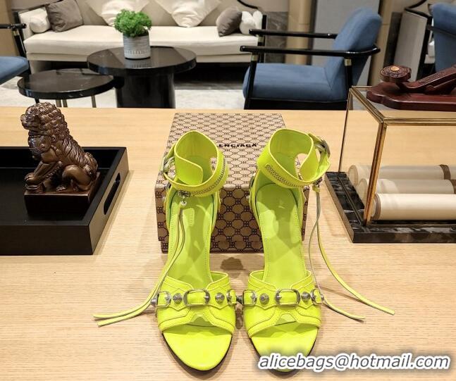 Pretty Style Balenciaga Cagole High Heel Sandals 10.5cm in Crinkle Shiny Leather Neon Green 524003