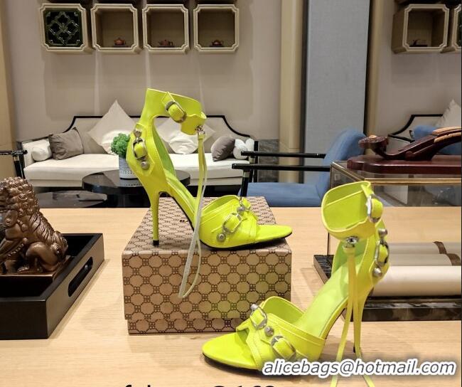 Pretty Style Balenciaga Cagole High Heel Sandals 10.5cm in Crinkle Shiny Leather Neon Green 524003