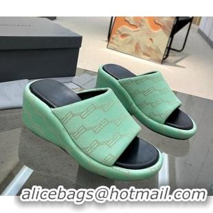 Top Grade Balenciaga Wedge Slide Sandals 7cm in BB Canvas Light Green 524008