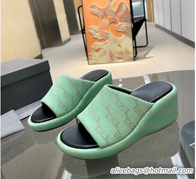 Top Grade Balenciaga Wedge Slide Sandals 7cm in BB Canvas Light Green 524008