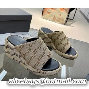 Unique Style Balenciaga Wedge Slide Sandals 7cm in BB Canvas Beige 524009