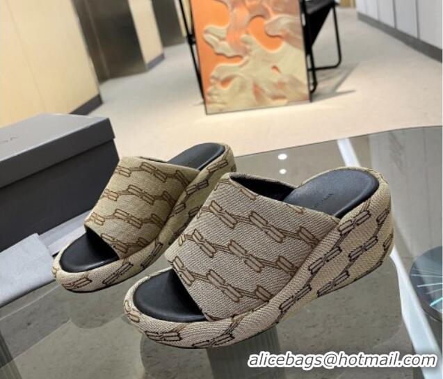 Unique Style Balenciaga Wedge Slide Sandals 7cm in BB Canvas Beige 524009