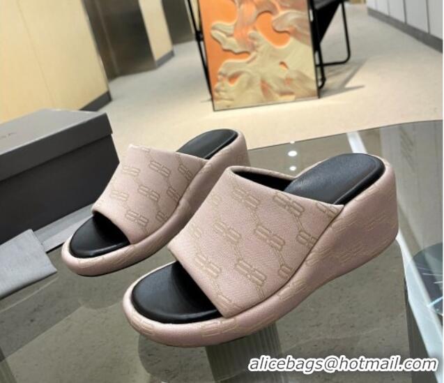 Best Grade Balenciaga Wedge Slide Sandals 7cm in BB Canvas Light Pink 524011