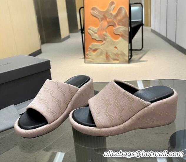 Best Grade Balenciaga Wedge Slide Sandals 7cm in BB Canvas Light Pink 524011