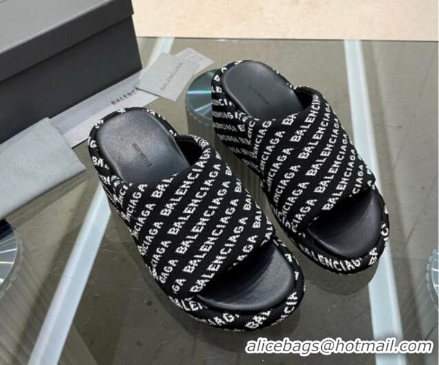 Shop Duplicate Balenciaga Wedge Slide Sandals 7cm in Print Allover Canvas Black/White 524012