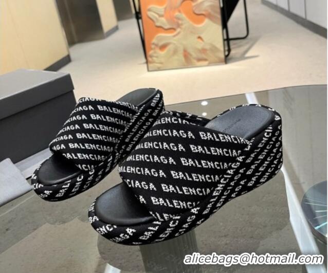 Shop Duplicate Balenciaga Wedge Slide Sandals 7cm in Print Allover Canvas Black/White 524012