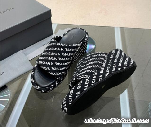 Shop Duplicate Balenciaga Wedge Slide Sandals 7cm in Print Allover Canvas Black/White 524012