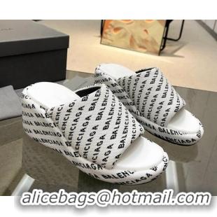 Luxurious Balenciaga Wedge Slide Sandals 7cm in Print Allover Canvas White/Black 0524013