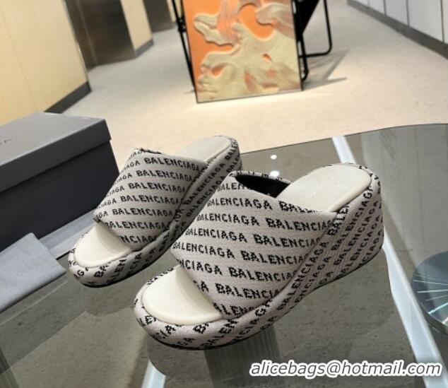 Charming Balenciaga Wedge Slide Sandals 7cm in Print Allover Canvas Grey 524016