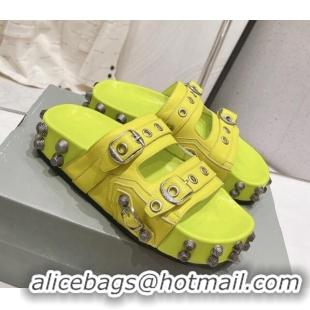 Good Quality Balenciaga Cagole Flat Slide Sandals in Crinkle Shiny Leather Neon Green 524022