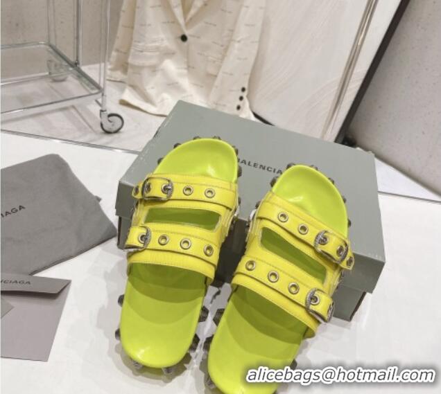 Good Quality Balenciaga Cagole Flat Slide Sandals in Crinkle Shiny Leather Neon Green 524022