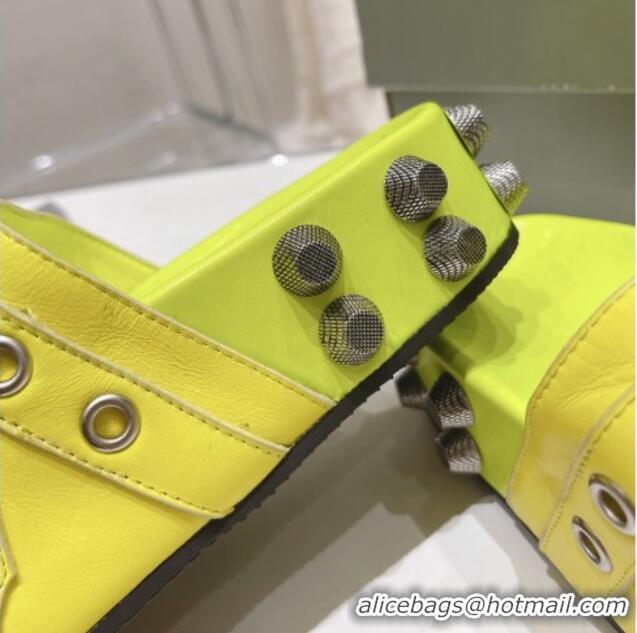 Good Quality Balenciaga Cagole Flat Slide Sandals in Crinkle Shiny Leather Neon Green 524022