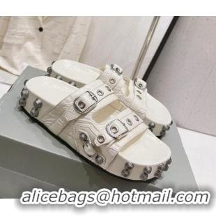 Hot Style Balenciaga Cagole Flat Slide Sandals in Crinkle Shiny Leather White 524024