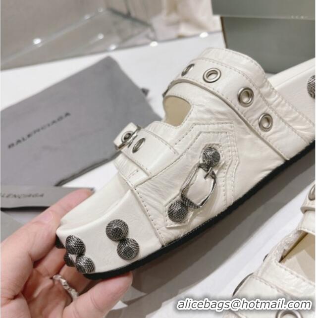 Hot Style Balenciaga Cagole Flat Slide Sandals in Crinkle Shiny Leather White 524024