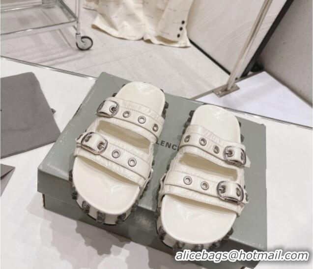 Hot Style Balenciaga Cagole Flat Slide Sandals in Crinkle Shiny Leather White 524024