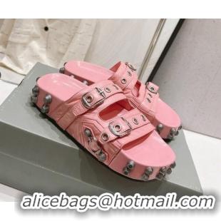 Grade Quality Balenciaga Cagole Flat Slide Sandals in Crinkle Shiny Leather Light Pink 524025