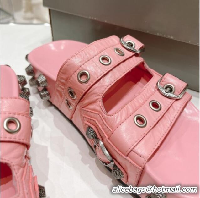 Grade Quality Balenciaga Cagole Flat Slide Sandals in Crinkle Shiny Leather Light Pink 524025