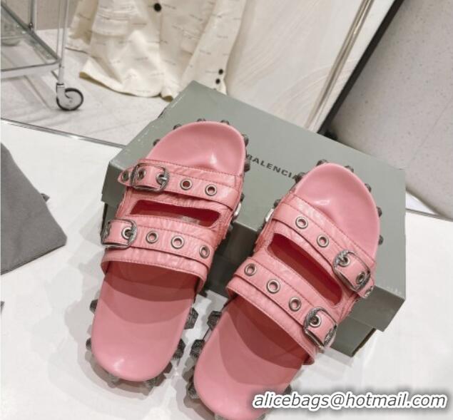 Grade Quality Balenciaga Cagole Flat Slide Sandals in Crinkle Shiny Leather Light Pink 524025