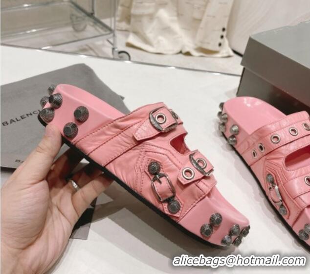 Grade Quality Balenciaga Cagole Flat Slide Sandals in Crinkle Shiny Leather Light Pink 524025