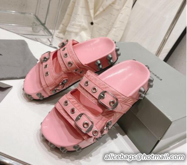 Grade Quality Balenciaga Cagole Flat Slide Sandals in Crinkle Shiny Leather Light Pink 524025