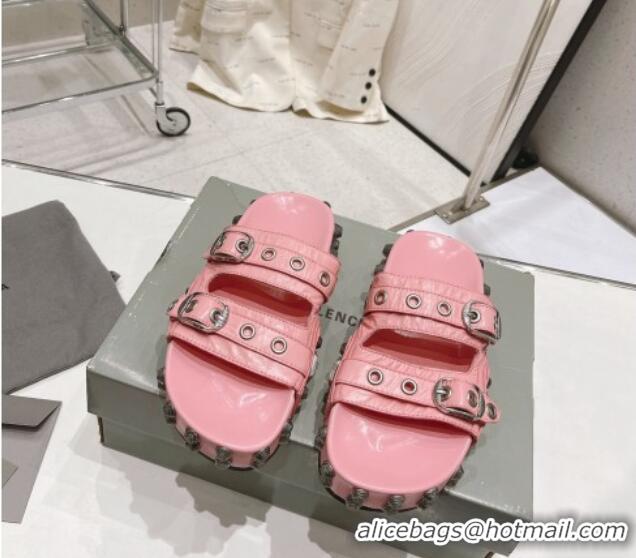 Grade Quality Balenciaga Cagole Flat Slide Sandals in Crinkle Shiny Leather Light Pink 524025