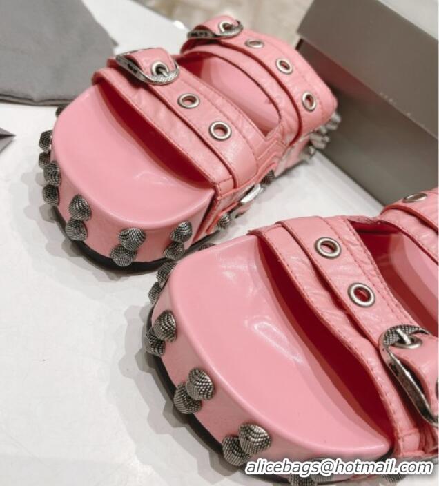 Grade Quality Balenciaga Cagole Flat Slide Sandals in Crinkle Shiny Leather Light Pink 524025