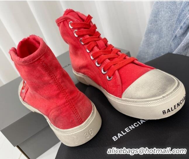 Luxury Balenciaga Paris High-top Sneakers in Destroyed Canvas Red 524043